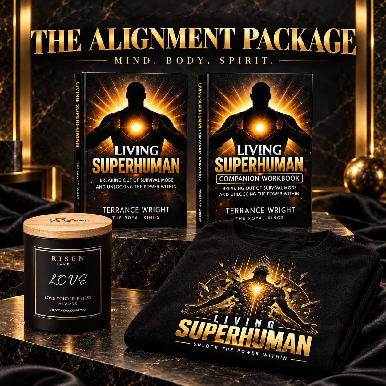 The Alignment Package — Living Superhuman book and Companion Workbook with a RISEN candle and the Living Superhuman T-shirt