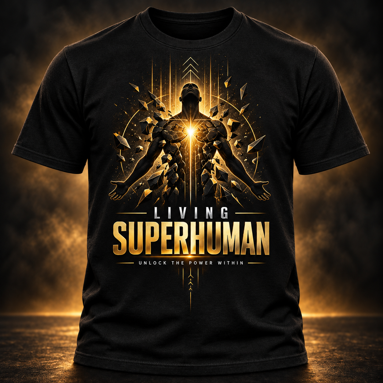 Black Living Superhuman T-shirt with a gold graphic of a figure breaking free and the words Unlock the Power Within