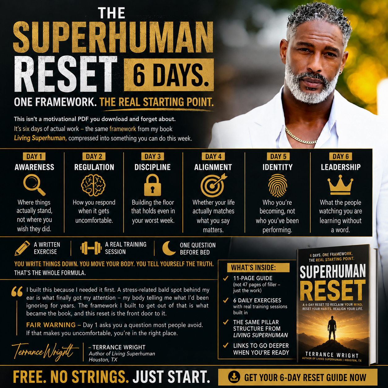 The Superhuman Reset — 6 days, one framework: Day 1 Awareness, Day 2 Regulation, Day 3 Discipline, Day 4 Alignment, Day 5 Identity, Day 6 Leadership
